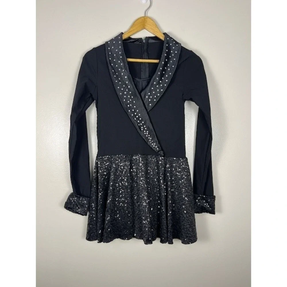 Weissman Black Rhinestone Sparkle Dance Dress Costume Long Sleeve Lapel‎ Collar